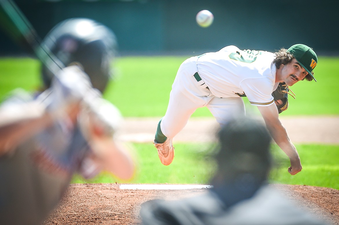 Whitefish starting pitcher Jacob Polumbus (99) delivers in the third inning against the Hamilton Broncs in the Sapa-Johnsrud Baseball Invitational at Memorial Field in Whitefish on Saturday, May 13. (Casey Kreider/Daily Inter Lake)