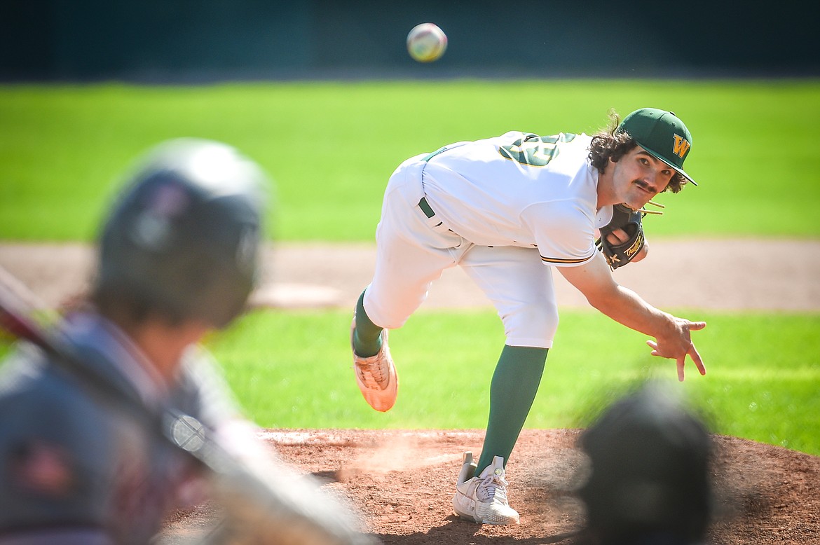 Whitefish starting pitcher Jacob Polumbus (99) delivers in the third inning against the Hamilton Broncs in the Sapa-Johnsrud Baseball Invitational at Memorial Field in Whitefish on Saturday, May 13. (Casey Kreider/Daily Inter Lake)