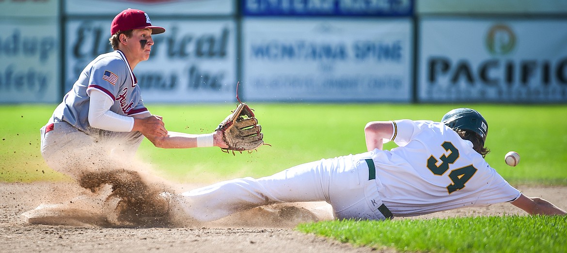 Whitefish's Josiah Ruther (34) steals second ahead of the throw to Hamilton second baseman Emerson Widmer (12) in the Sapa-Johnsrud Baseball Invitational at Memorial Field in Whitefish on Saturday, May 13. (Casey Kreider/Daily Inter Lake)