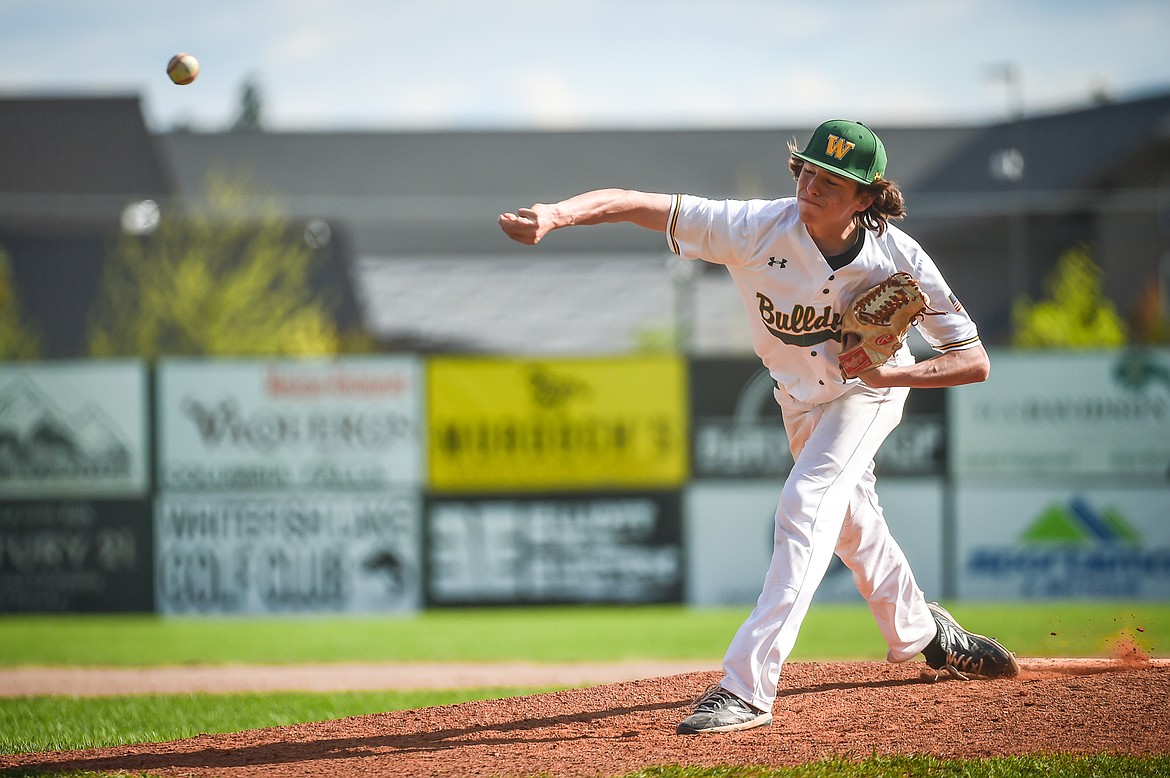 Whitefish reliever Maddox Muller (4) delivers in the fifth inning against the Hamilton Broncs in the Sapa-Johnsrud Baseball Invitational at Memorial Field in Whitefish on Saturday, May 13. (Casey Kreider/Daily Inter Lake)