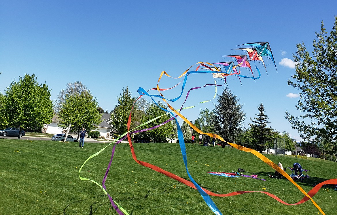 A stacked kite twists in the wind as it takes to the air in the annual Hayden Kite Festival at Broadmoore Park.