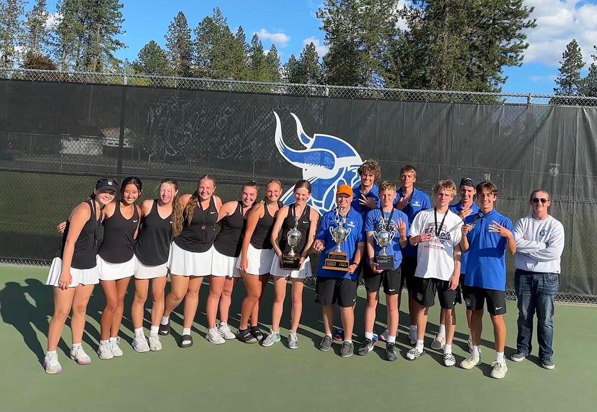 Courtesy photo
After a perfect regular season (15-0), the Coeur d'Alene High tennis team took home all three championship trophies at the 5A Region 1 tournament — overall, boys team and girls team. From left are Maddie Hunt, Grace Priest, Katie Shell, Kalli DeLeonard, Hannah Black, Ella Morton, Audrey Judson, CJ Giao, Alexander Nipp, Connor Judson, Jake Whiting, Turner Cox, Luke May, Gabe Danser, Aidan Antal. Not pictured are Eden Stephens, Julia Johnson and Gavin Butler.