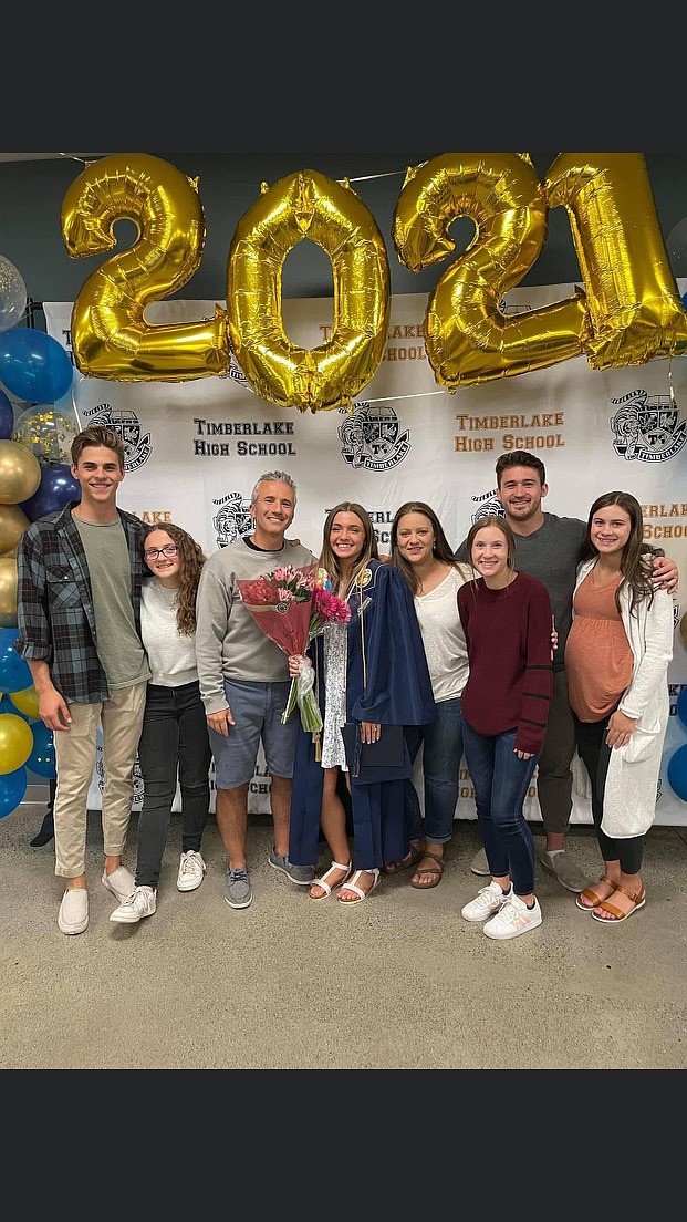 Courtesy photo
The Soumas family, at Taryn's graduation from Timberlake High in 2021. From left: Christian Riley, Sophia Soumas, Rob Soumas, Taryn Riley, Jamie Soumas, Ciara Soumas, Seth McLeod and Kylie McLeod.