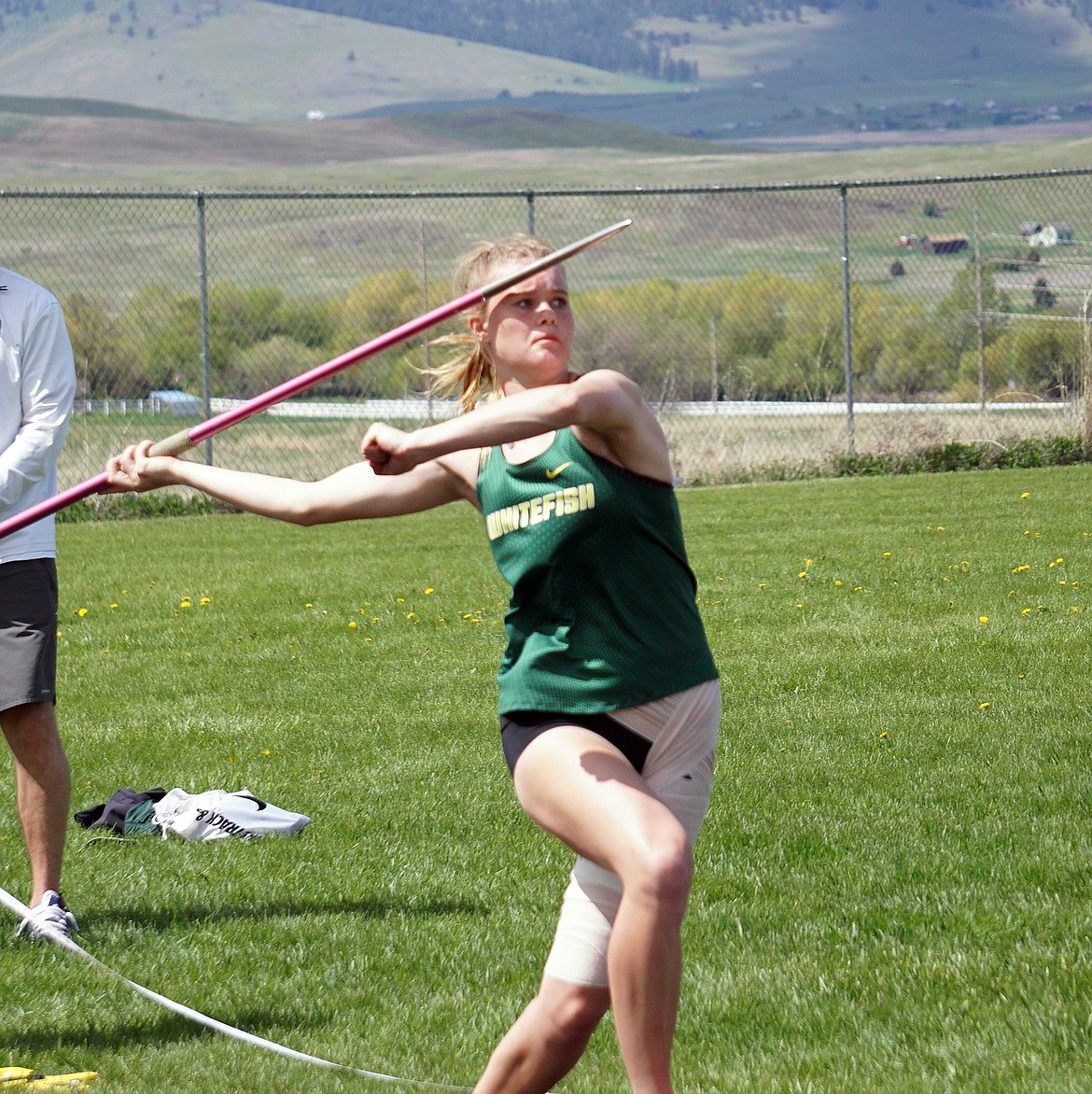 Whitefish junior Bailey Smith records a personal best (102’6”) in javelin at the Polson ABC Meet on Saturday. (Matt Weller photo)