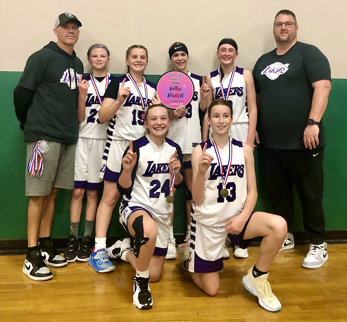 Courtesy photo
The Coeur d'Alene Lakers sixth grade girls AAU basketball team won the 2023 Belle's Blastoff basketball tournament in Spokane. In the front row from left are Emmerson Cummings and Noelia Axton; and back row from left, coach Royce Johnston, Brynlee Johnston, Savannah Stevens, Allie Jenkin, Payton Brown and coach Corey Brown.
