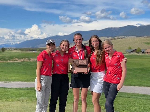 Thompson Falls girls golfers qualified for the state tournament set for May 16-17 in Shelby. In the middle is senior Ellie Baxter, who finished second and advanced to state along with her sister, Aubrey (far right), who finished 15th. The girls team took third and qualified for team play.   (Courtesy photo)