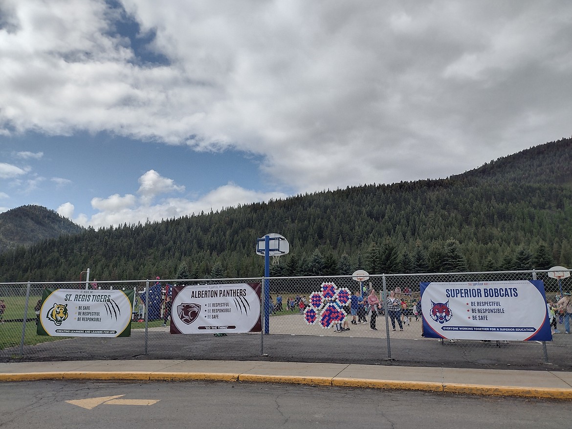 School Pride banners went back to each school after the Fun Run, courtesy of Prevention Services through the Western Montana Mental Health Center. Over 400 students, staff and parents participated in this annual springtime event. (Monte Turner/Mineral Independent)