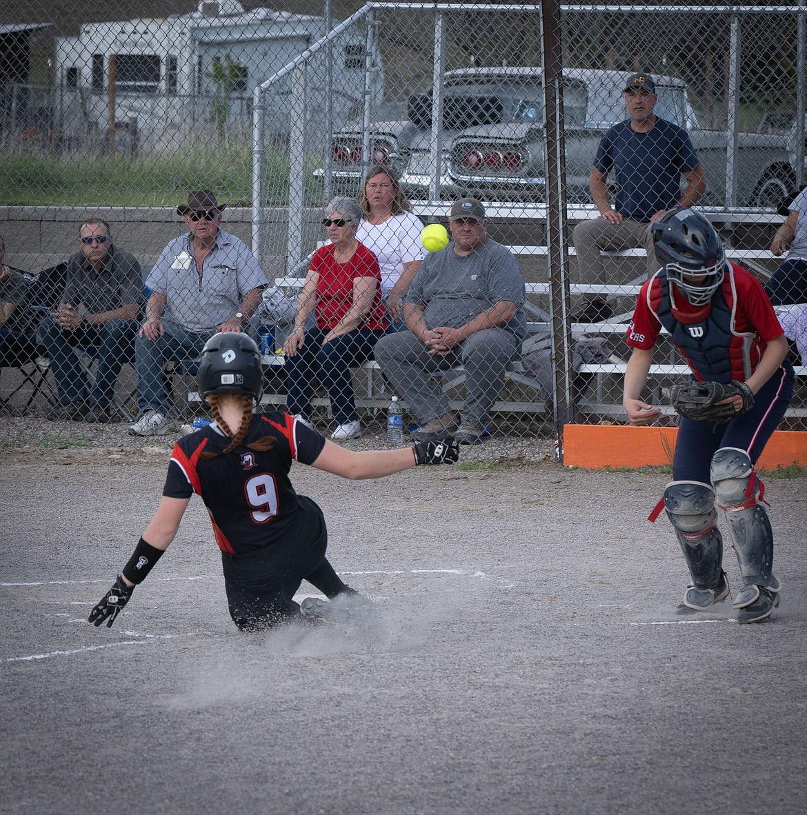 Plains sophomore Aliyah Heathers slides safely into home with one of 13 runs the Trotters scored in their 13-11 win over Troy this past Thursday in Plains. (Tracy Scott/Valley Press)