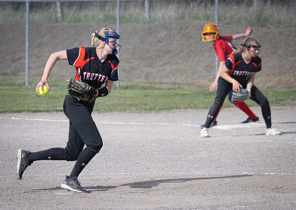 Plains pitcher Piper Bergstrom winds and delivers a pitch toward home during the Trotters win over Loyola this past Thursday in Plains. (Tracy Scott photo)