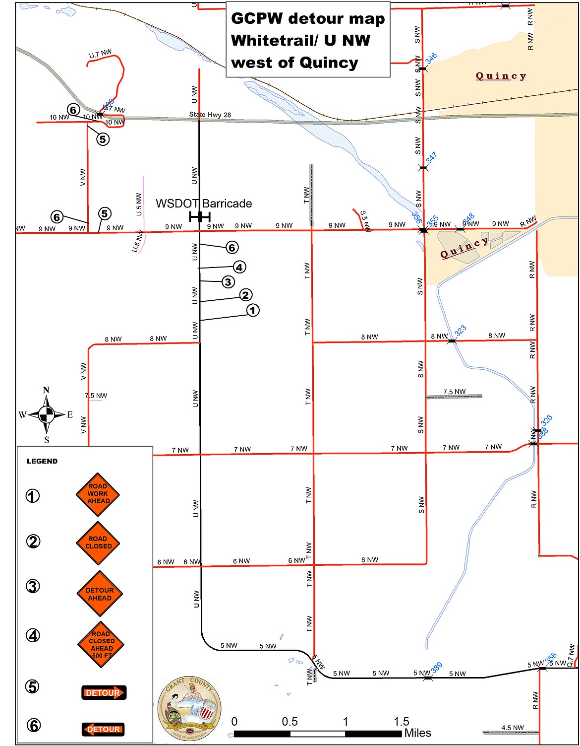 A detour to avoid the construction zone at White Trail Road and State Route 28 is marked on a map from the Grant County Public Works department