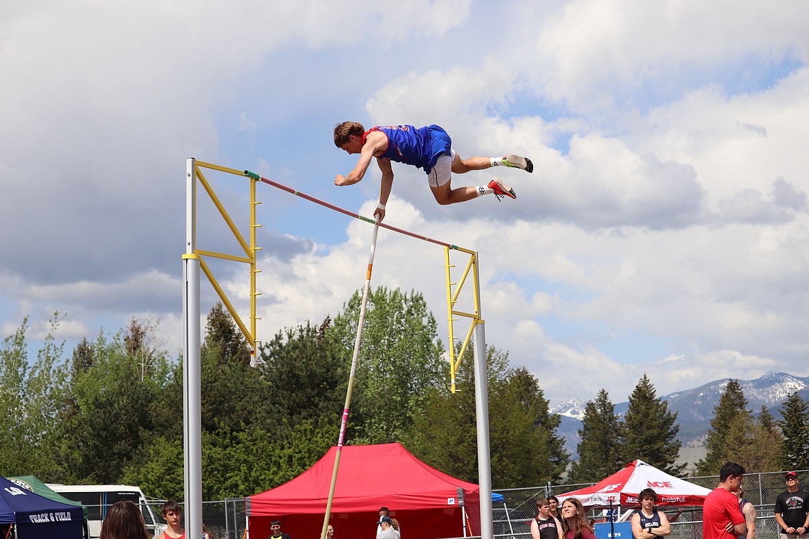 Superior senior Decker Milender soars way above the pole vault bar during the 14C District championships in Missoula this past weekend.  Milendeer was second to teammate Lucas Kovalsky.   (Kami Milender photo)
