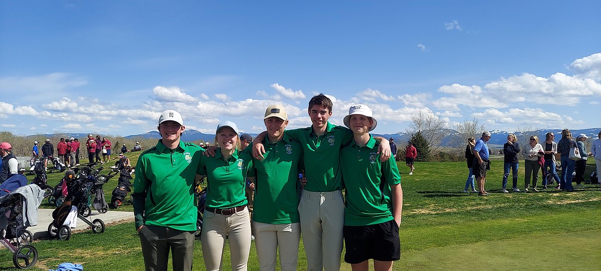 St. Regis golfers (right to left) Dillon Thomas, Macy Hill, John Pruitt, Jack Connolly and Kaleb Park celebrate following the Divisional tournament in Bozeman last week.  Thomas and Connolly advanced as individuals and will be joined in the team competitiion by Pruitt and Park.  (Courtesy photo)