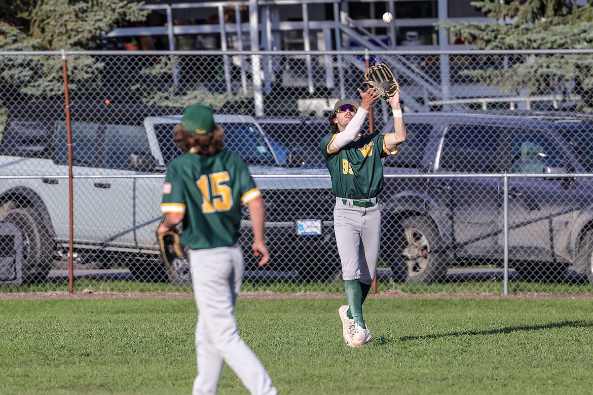 Whitefish senior Jacob Polumbus catches a fly ball to the outfield in Columbia Falls last week. (JP Edge photo)