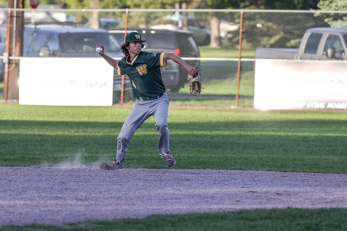 Maddox Muller throws to first in Columbia Falls last week. (JP Edge photo)