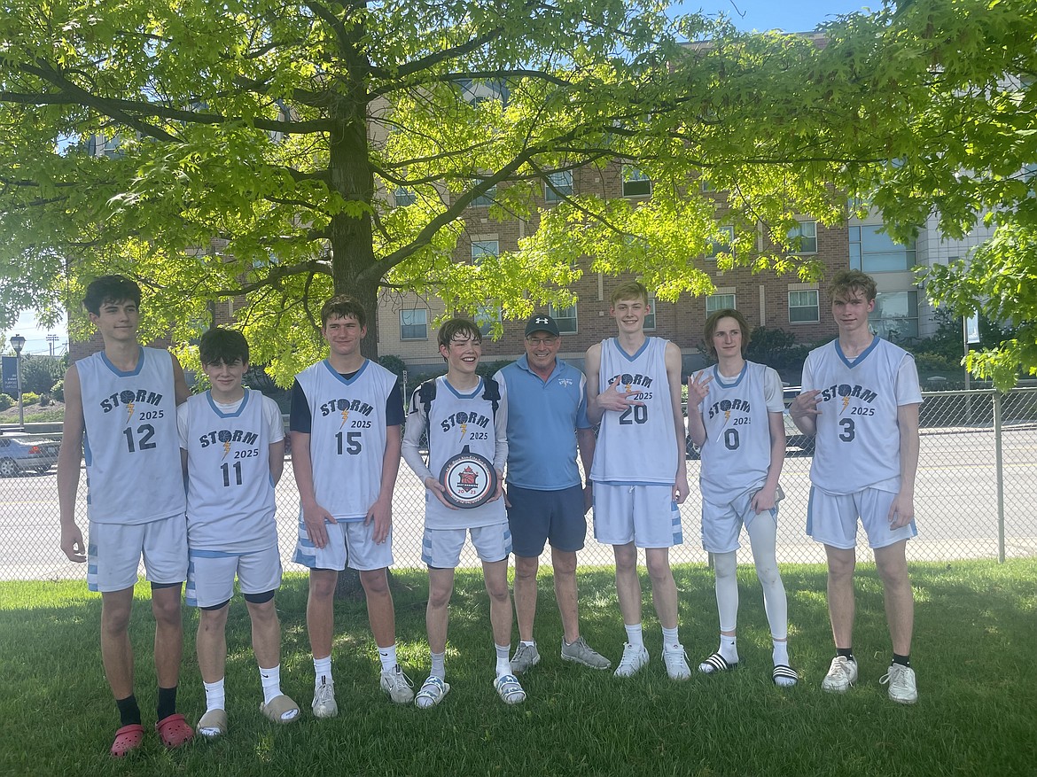 Courtesy photo
The Storm 2025 AAU boys basketball team went 4-1 to  place third in the May Madness high school non-elite bracket this past weekend at The Warehouse in Spokane. The Storm beat Cheney 54-37, Sandpoint Future 52-36 and Montana Spartans 65-51 to win their pool. In the semifinal game the Storm lost to North Idaho Elite 62-45. In the third-place game the Storm beat the Lilac City Ballaz 50-45. From left are Carter Kloos, Evan Hensyel, Peyton Hillman, Mason Hensley, coach Al Arnone, Zach Cook, Zach Bell and Dominic Wilhelm. Not pictured are Garrett Varner and Jacob Varner.