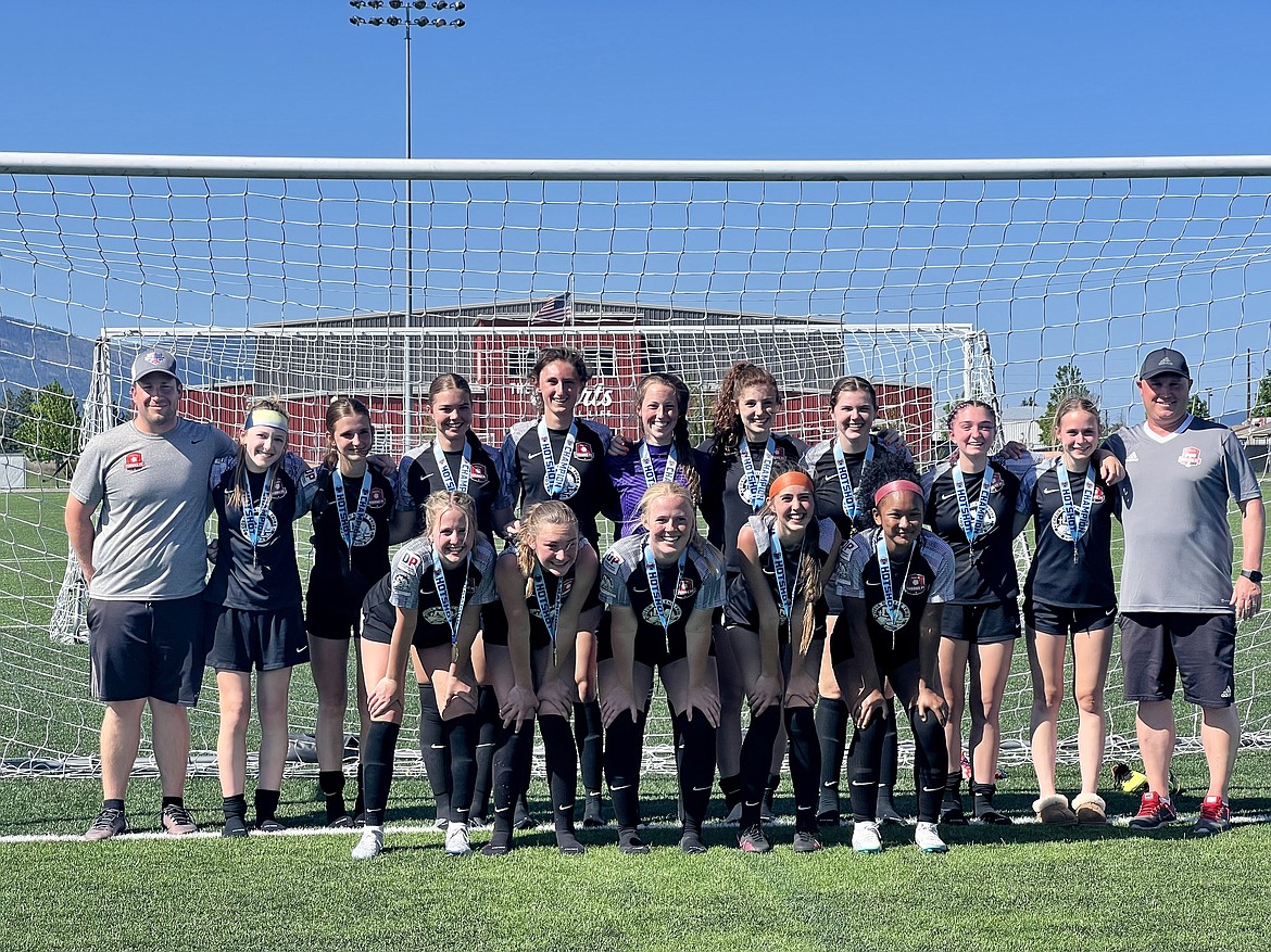 Courtesy photo
The Thorns North FC 07 Girls Academy soccer team went undefeated in its four games at the Bill Eisenwinter Hot Shot Tournament, winning 4-0 in the finals vs. the Missoula Strikers to take first place in the U16G bracket. In the front row from left are Lily Bole, Paige Hunt, Kennedy Hartzell, Ava Glahe and Jamie Lawrence; and back row from left, coach Alan Brinkmeier, Amelia Childers, Natalie Thompson, Rachel Corette, Izzy Olson, Lilliana Brinkmeier, Evelyn Bowie, Libby Morrisroe, Emerson Rakes, Marlee McCrum and coach Mike Thompson.