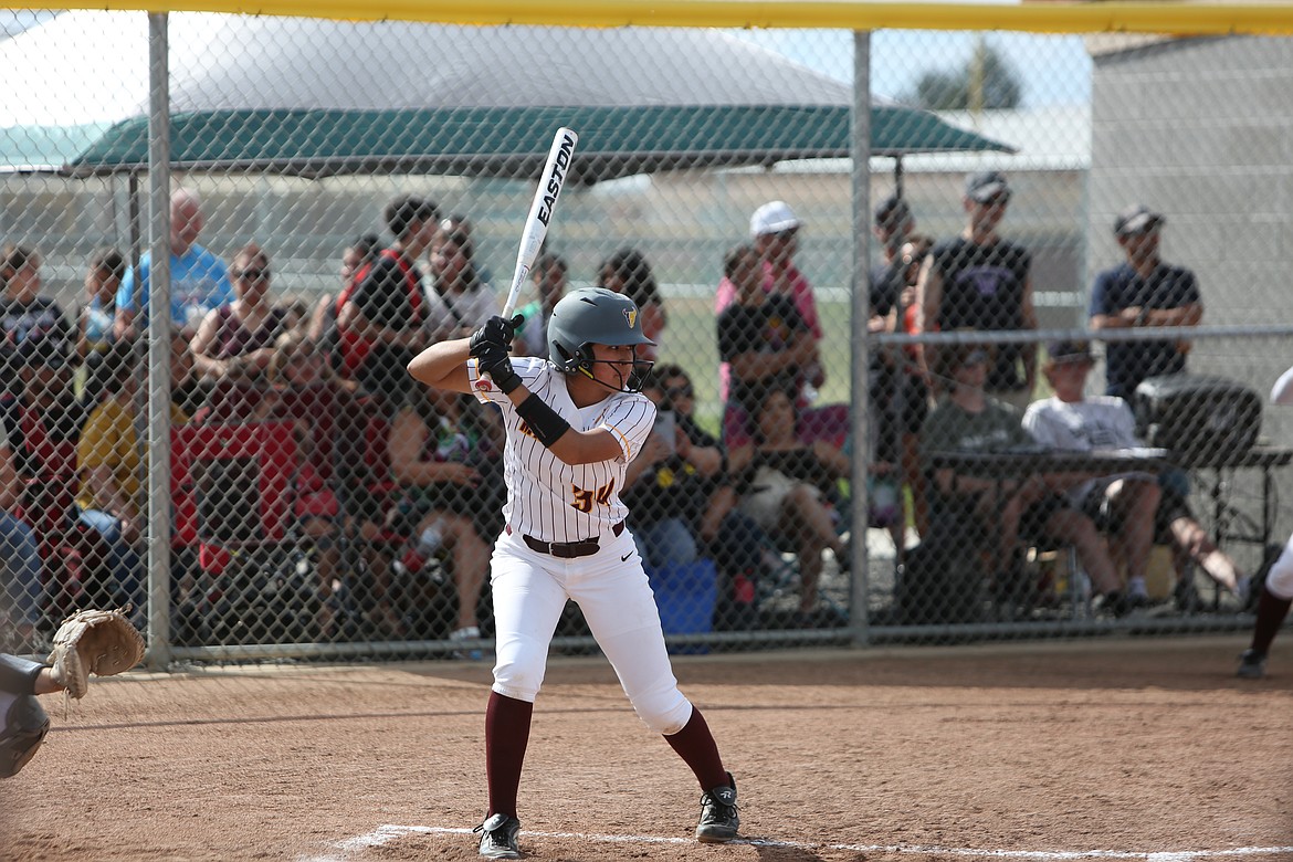 Moses Lake senior Jazlynn Torres stands in the batter’s box waiting for a pitch in the game against Royal on Monday.