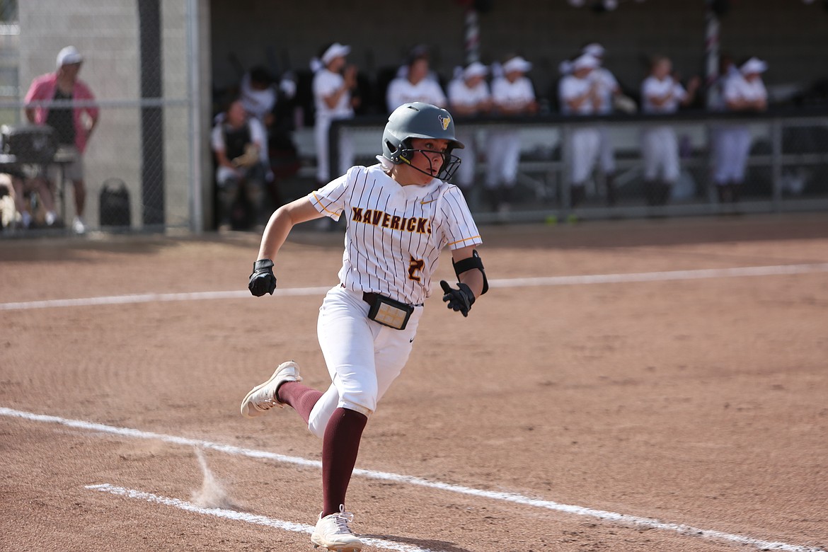 Moses Lake junior Raegen Hofheins runs toward first base after recording a hit against Royal on Monday. Hofheins went two-for-three at the plate with one RBI and one run scored.