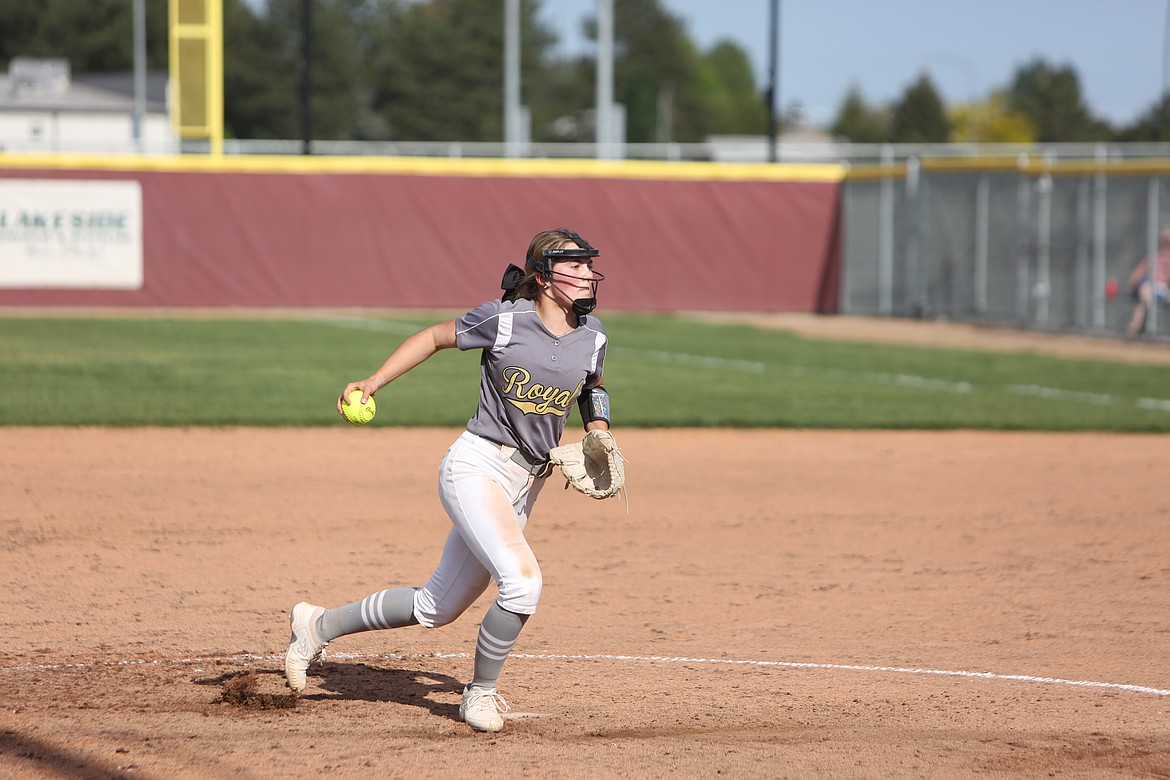 Royal freshman Jill Allred pitches during the fifth inning against Moses Lake on Monday.