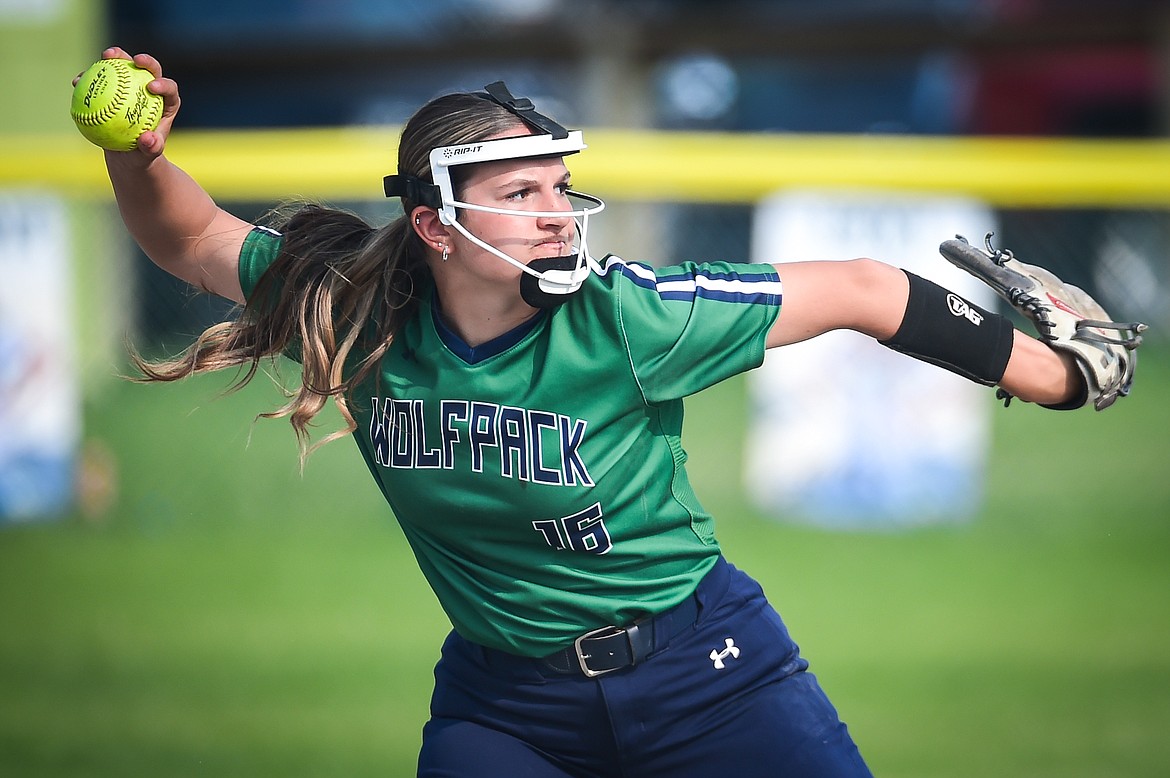 Glacier third baseman Avery Anderson (16) throws to first for an out in the first inning against Flathead at Glacier High School on Thursday, May 18. (Casey Kreider/Daily Inter Lake)