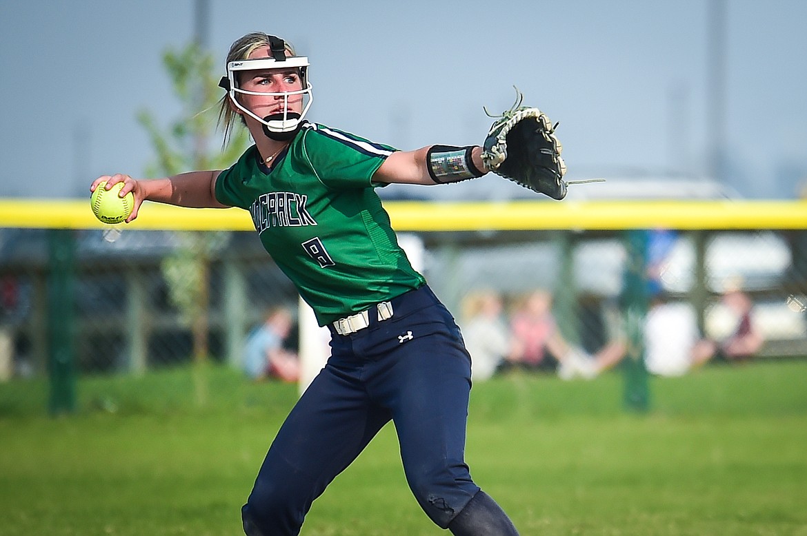 Glacier shortstop Nakiah Persinger (8) throws across the diamond for an out against Flathead at Glacier High School on Thursday, May 18. (Casey Kreider/Daily Inter Lake)