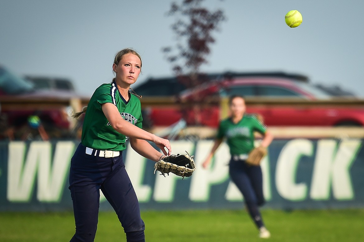 Glacier second baseman Kenadie Goudette (2) throws to first for an out against Flathead at Glacier High School on Thursday, May 18. (Casey Kreider/Daily Inter Lake)