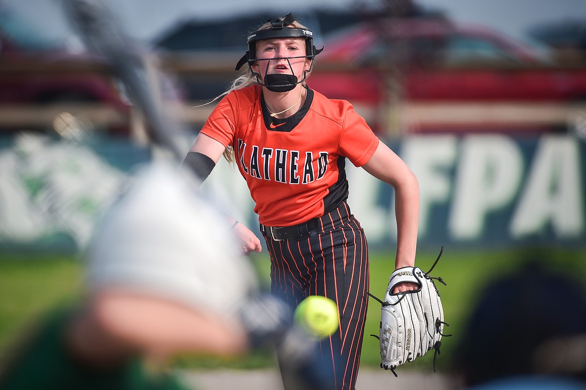 Flathead pitcher Macey McIlhargey (3) delivers against Glacier at Glacier High School on Thursday, May 18. (Casey Kreider/Daily Inter Lake)