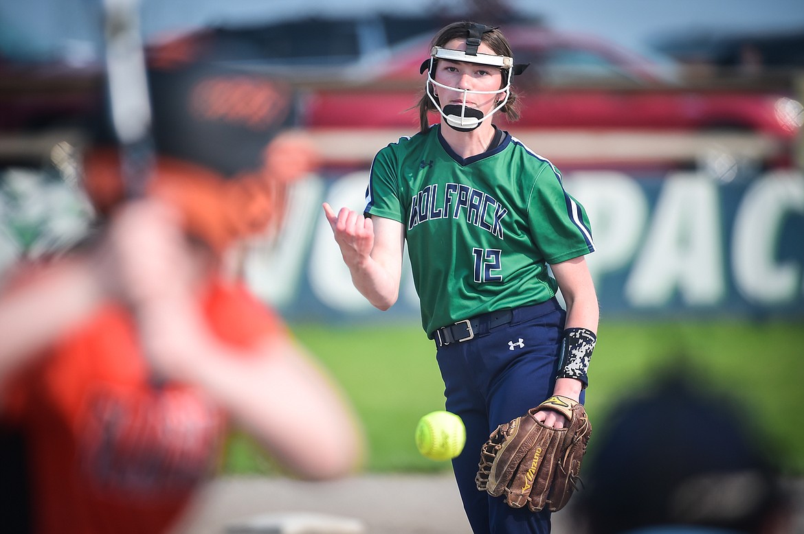 Glacier pitcher Ella Farrell (12) delivers to Flathead's Mackenzie Brandt in the third inning against Flathead at Glacier High School on Thursday, May 18. (Casey Kreider/Daily Inter Lake)