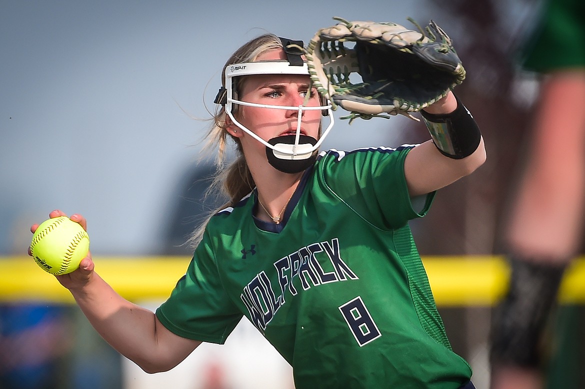 Glacier shortstop Nakiah Persinger (8) throws across the diamond for an out against Flathead at Glacier High School on Thursday, May 18. (Casey Kreider/Daily Inter Lake)