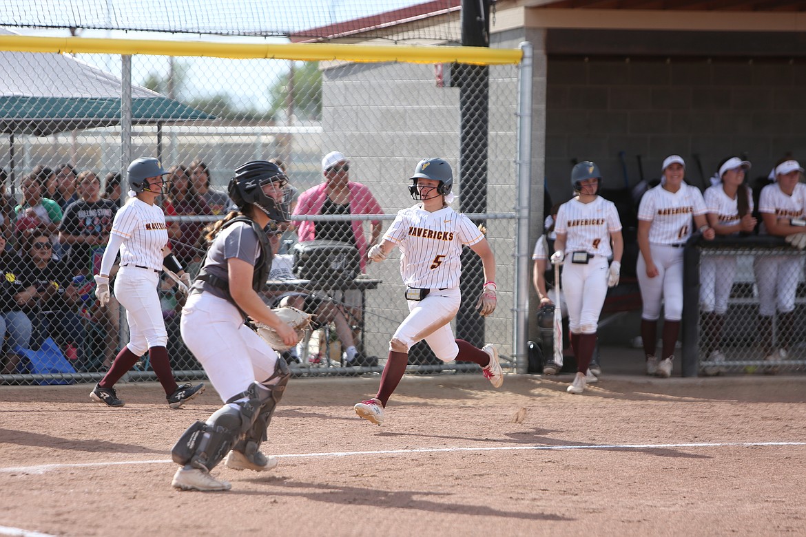 Moses Lake senior Ali Stanley (5) runs to home plate against Royal in a non-league contest on Monday. Moses Lake closed the regular season with a 17-4 record and heads to East Wenatchee for the Columbia Basin Big-Nine district tournament on Saturday at 11 a.m.