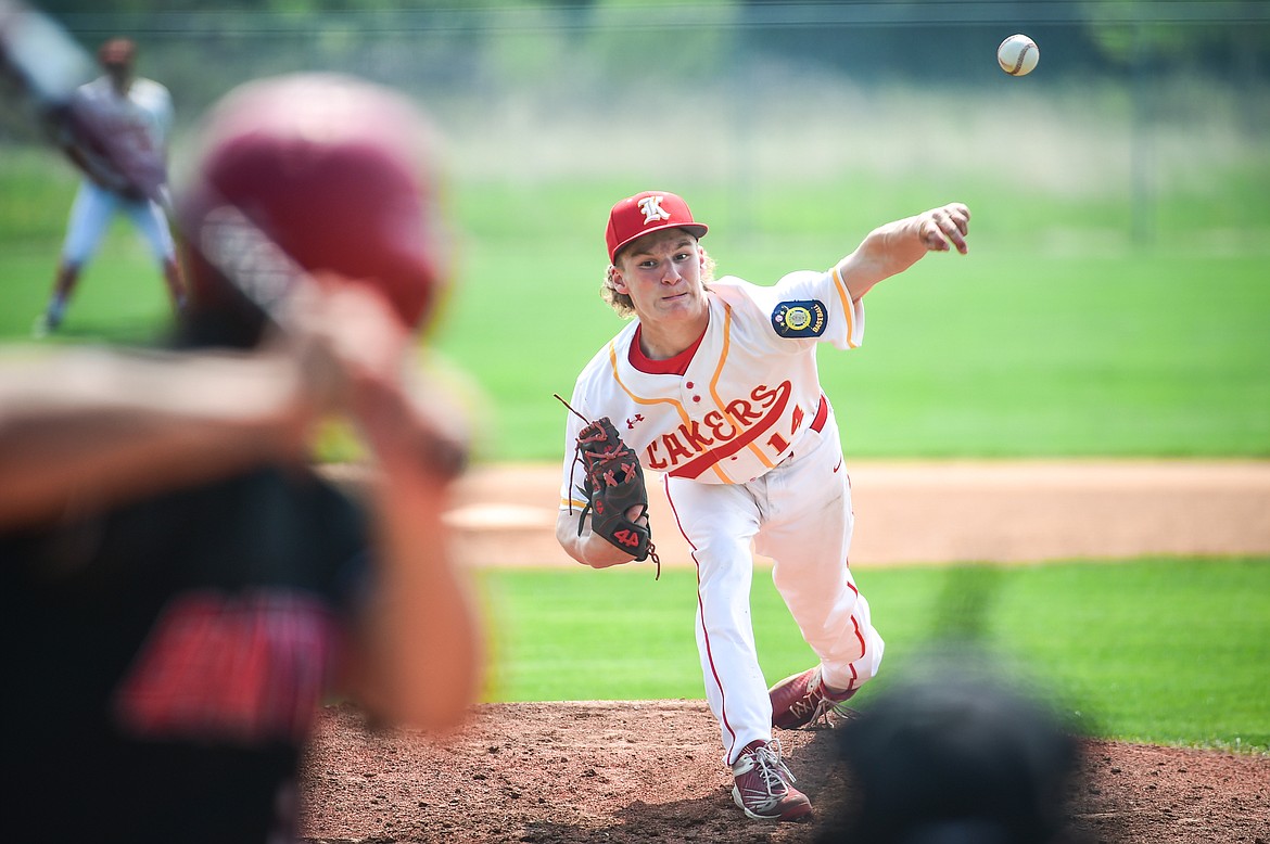 Kalispell Lakers A starting pitcher Jackson Heino (14) delivers against the Cranbrook Bandits in the Canadian Days Tournament at Archie Roe Field on Friday, May 19. (Casey Kreider/Daily Inter Lake)