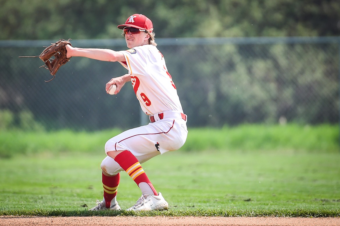 Kalispell Lakers A second baseman Cale Brink (9) readies a throw to first after backhanding a grounder against the Cranbrook Bandits in the Canadian Days Tournament at Archie Roe Field on Friday, May 19. (Casey Kreider/Daily Inter Lake)