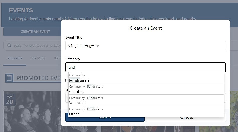 To start entering your event click the "CREATE AN EVENT" button as shown in the background of this screenshot. The "Create an Event" form, shown in white, will pop up. Enter the basic information for your event, and click the submit button.