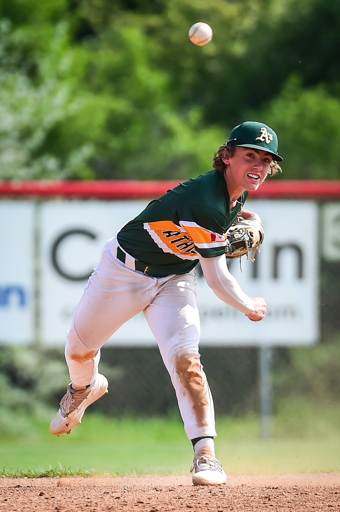 Sherwood Park AAA Athletics shortstop Jarret Sowiak (11) fires across the diamond against the Kalispell Lakers AA in the Canadian Days Tournament at Griffin Field on Saturday, May 20. (Casey Kreider/Daily Inter Lake)