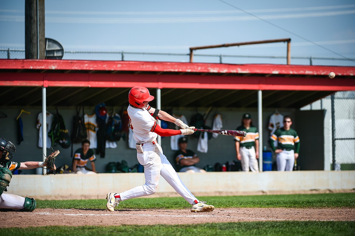 Kalispell Lakers AA's Carter Schlegel connects on his second double of the game in the fourth inning against the Sherwood Park AAA Athletics in the Canadian Days Tournament at Griffin Field on Saturday, May 20. (Casey Kreider/Daily Inter Lake)