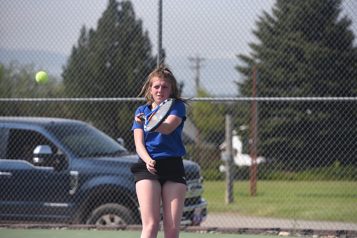 Libby tennis player Allie Thorstenson competes at the Class A Northwest Divisional Tournament in Libby on May 19. (Scott Shindledecker/The Western News)