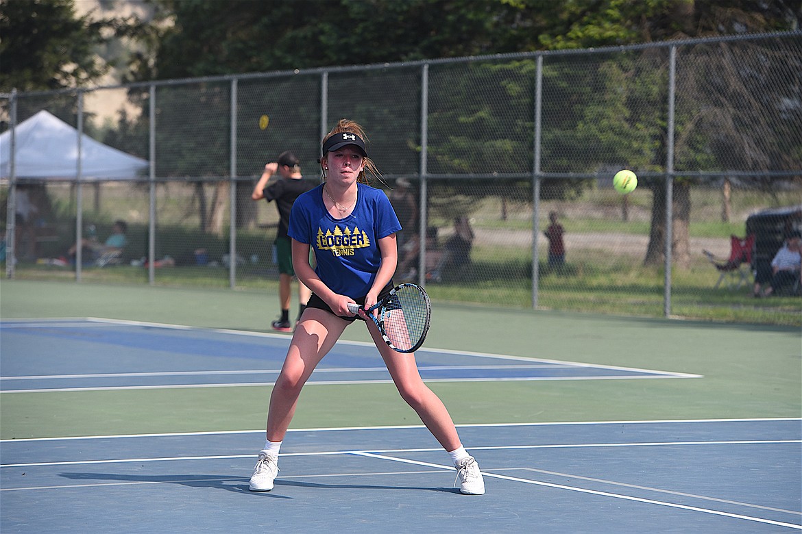 Libby tennis player Ellie Andreessen competes at the Class A Northwest Divisional Tournament in Libby on May 19. (Scott Shindledecker/The Western News)