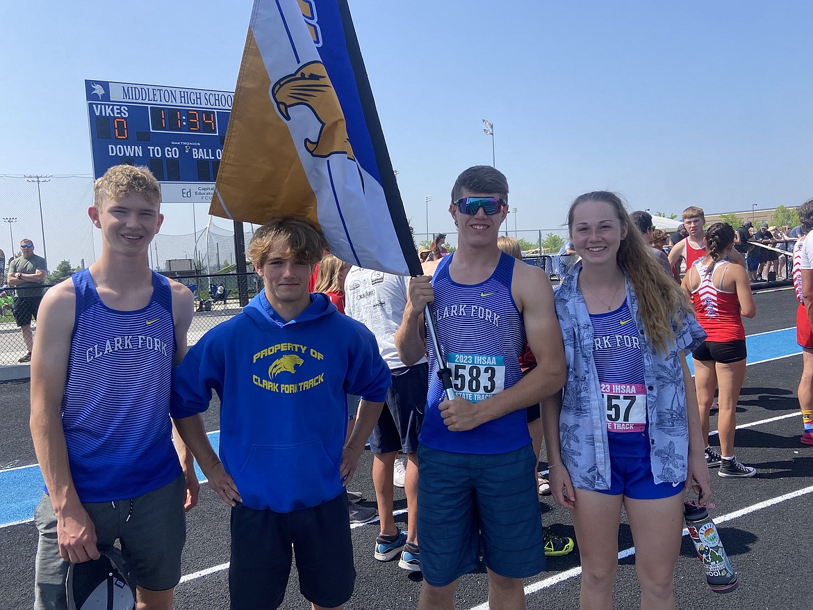 Pictured, left to right: Hank Barrett, Wyatt Mintken, Nathan Shelton, and Savannah Weymouth at the Idaho 1A state track and field championship in Middleton