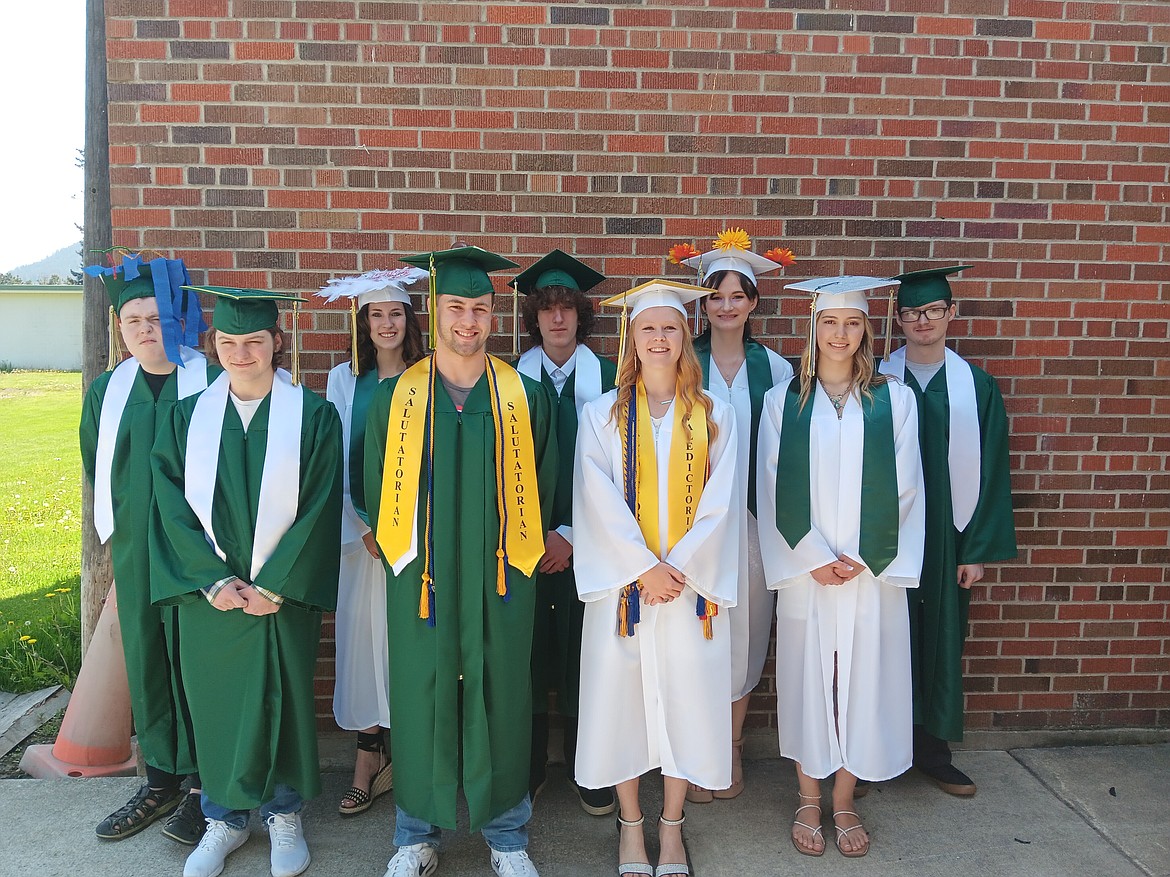 St. Regis High School graduates, left to right, Aiden Sullivan, Brayden Taylor, Kylie Lucier, Caleb Ball, Tyler Lyscio, Macy Hill, Angela Andreen, Bailey Hutchinson and Jacob Harris.