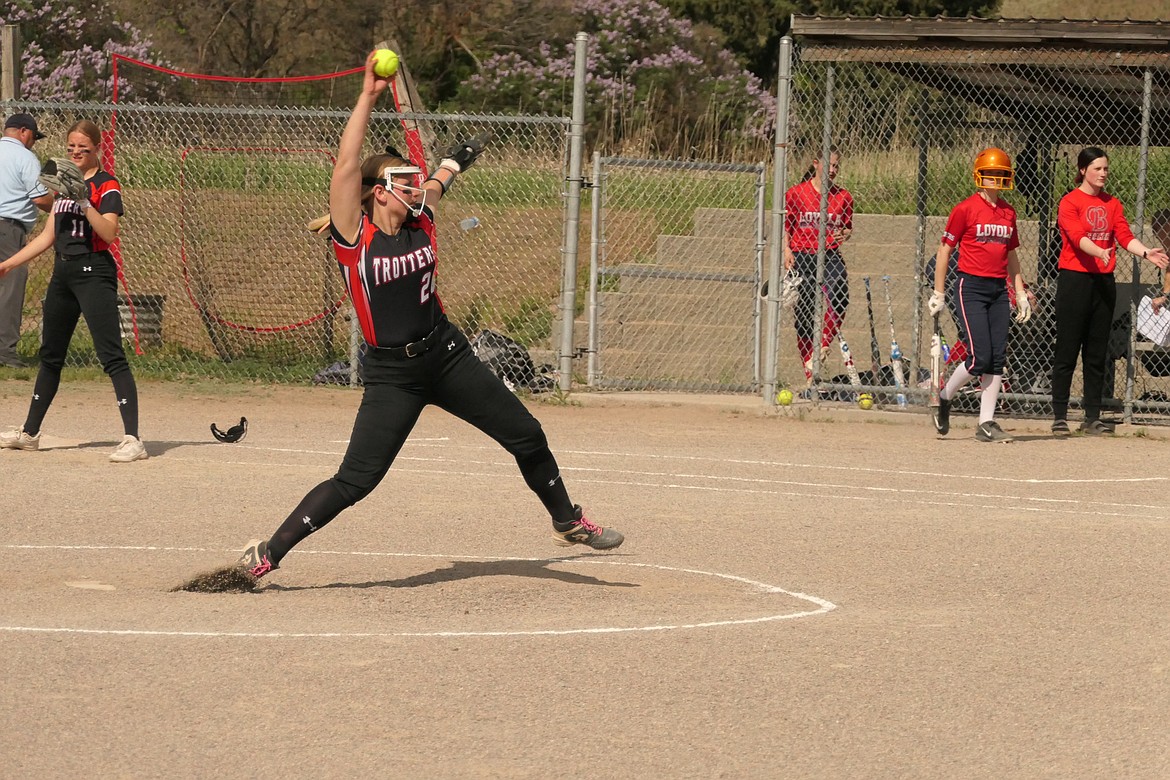 Trotters sophomore Maddy Blood delivers a pitch to home during Plains 13-3 win over Loyola last Tuesday in a playoff, play-in game in Plains. (Chuck Bandel/VP-MI)