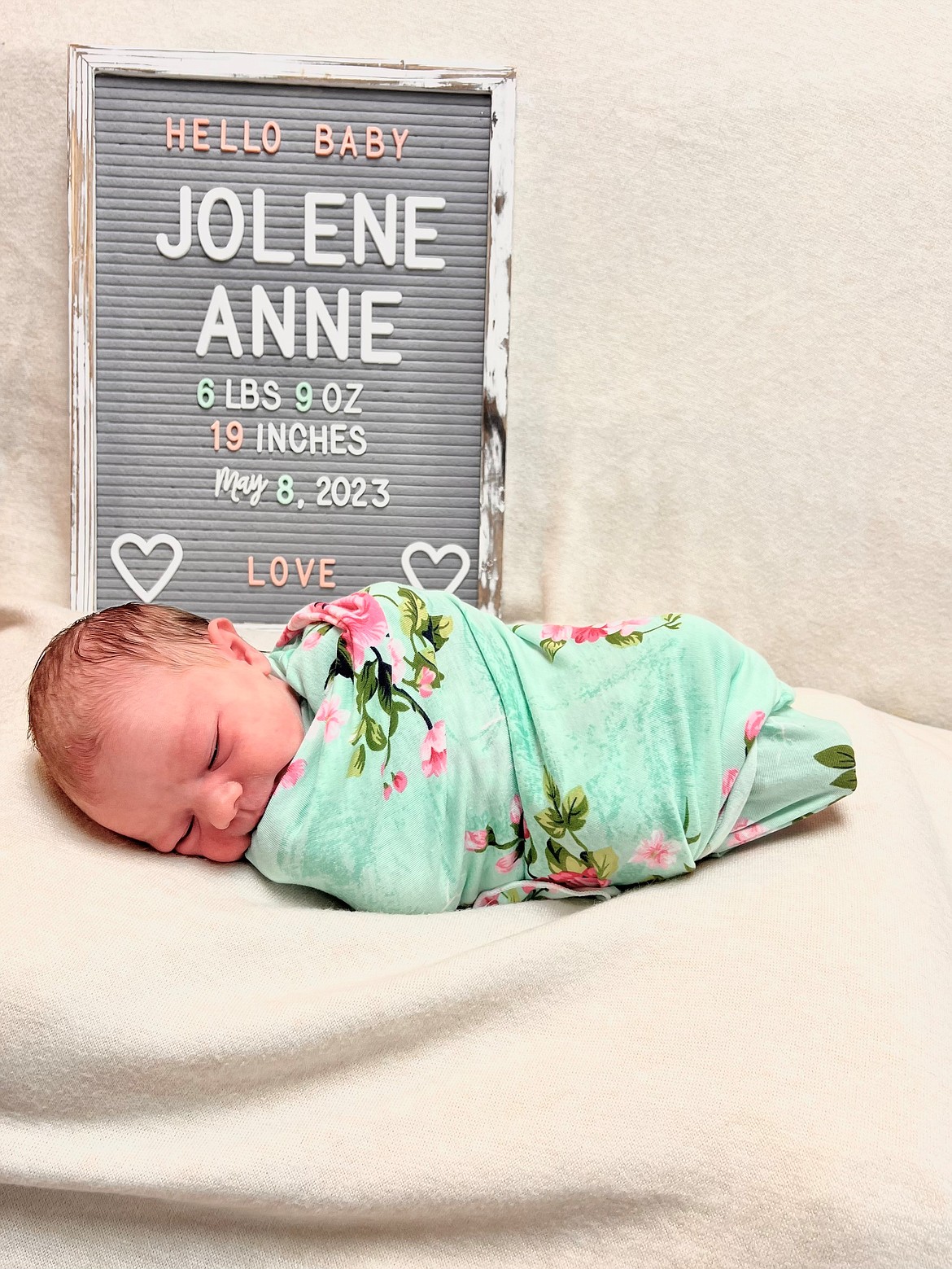 Jolene Anne Frankhauser was born May 8, 2023 at Clark Fork Valley Hospital. She was 6 pounds, 9 ounces and 19 3/8 inches long. Parents are Natalie and Jason Frankhauser. Maternal grandparents are Thomas Ruzicka and Tracy Ruzicka. Paternal grandparents are Tom Price and Diane Price.