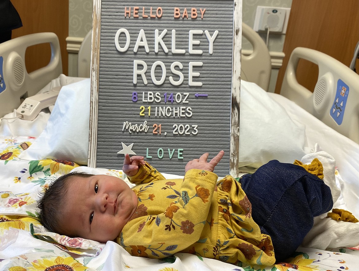 Oakley Rose Weeks was born March 21, 2023 at Clark Fork Valley Hospital. She was 8 pounds, 14 ounces and 21 inches long.
Parents are Oceanrose Hyde and Jayden Weeks. Maternal grandparents are Amber and Danny Thompson. Paternal grandparents are Casey and Amie Weeks.