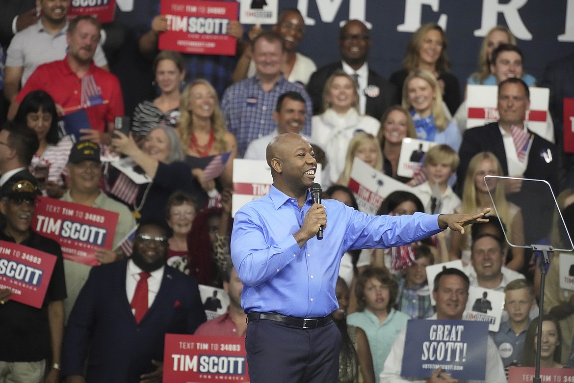 Sen. Tim Scott, R-S.C. Scott gives remarks at his presidential campaign announcement event at his alma mater, Charleston Southern University, on Monday, May 22, 2023, in North Charleston, S.C. Scott formalized his bid last week with federal campaign paperwork. (AP Photo/Meg Kinnard)