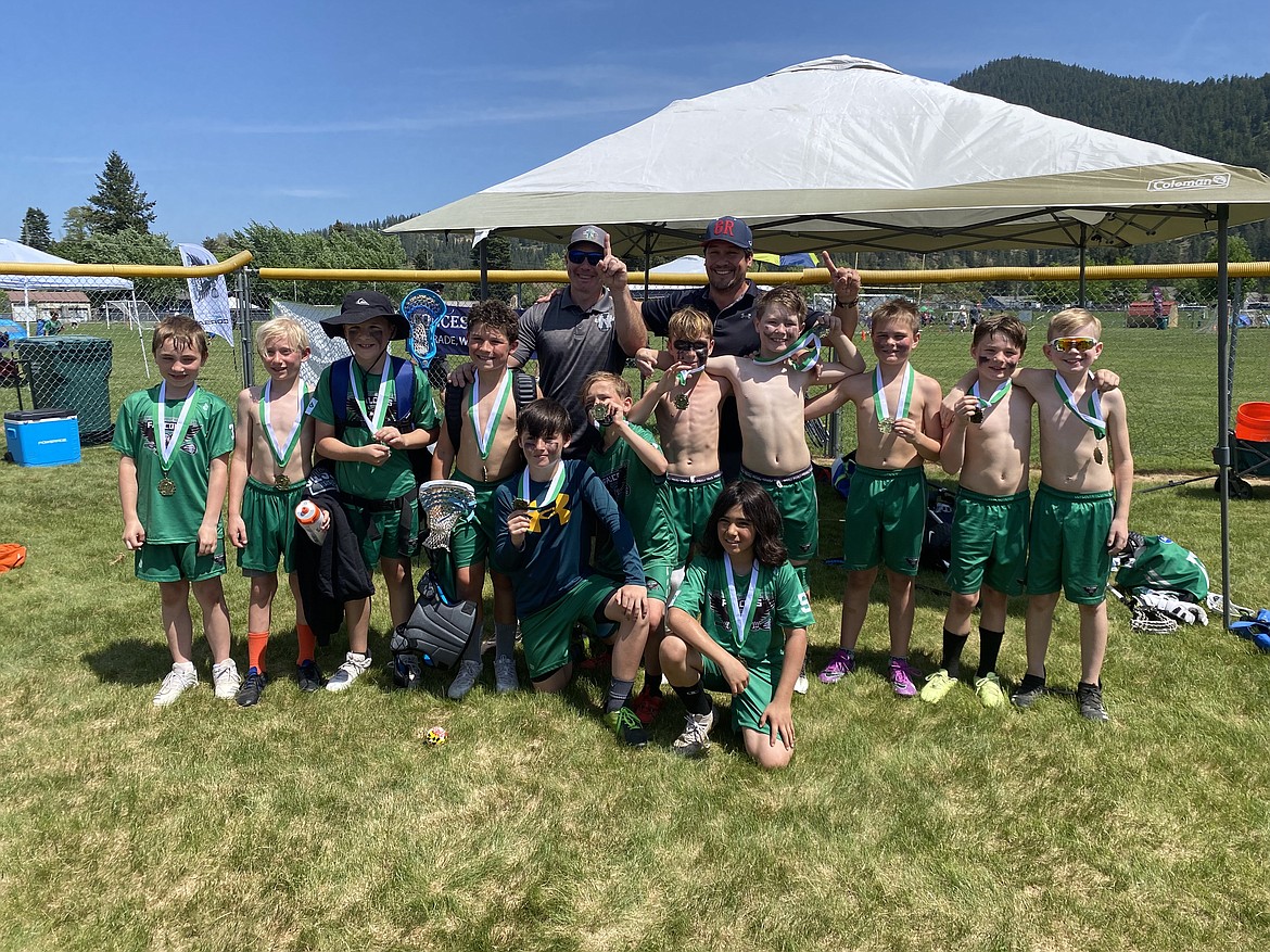 Courtesy photo
The grade 3/4 Falcons Green team won the gold bracket championship at the Coeur d'Alene Lacrosse Classic last weekend at Canfield Sports Complex in Coeur d'Alene. In the front from left are Cayden Morris and Boston Parsons, middle row from left, Bridger Shepherd, Corbin Morlock, Blake Parkinson, Keegan Rosenberger, Luke Nicholson, EJ Dahlin, McCoy Jolley, Levi Tebbe, Gabe Stearns and Kallen Hills; and back row from left, Kam
Dahlin (head coach) and Aaron Parsons (assistant coach).