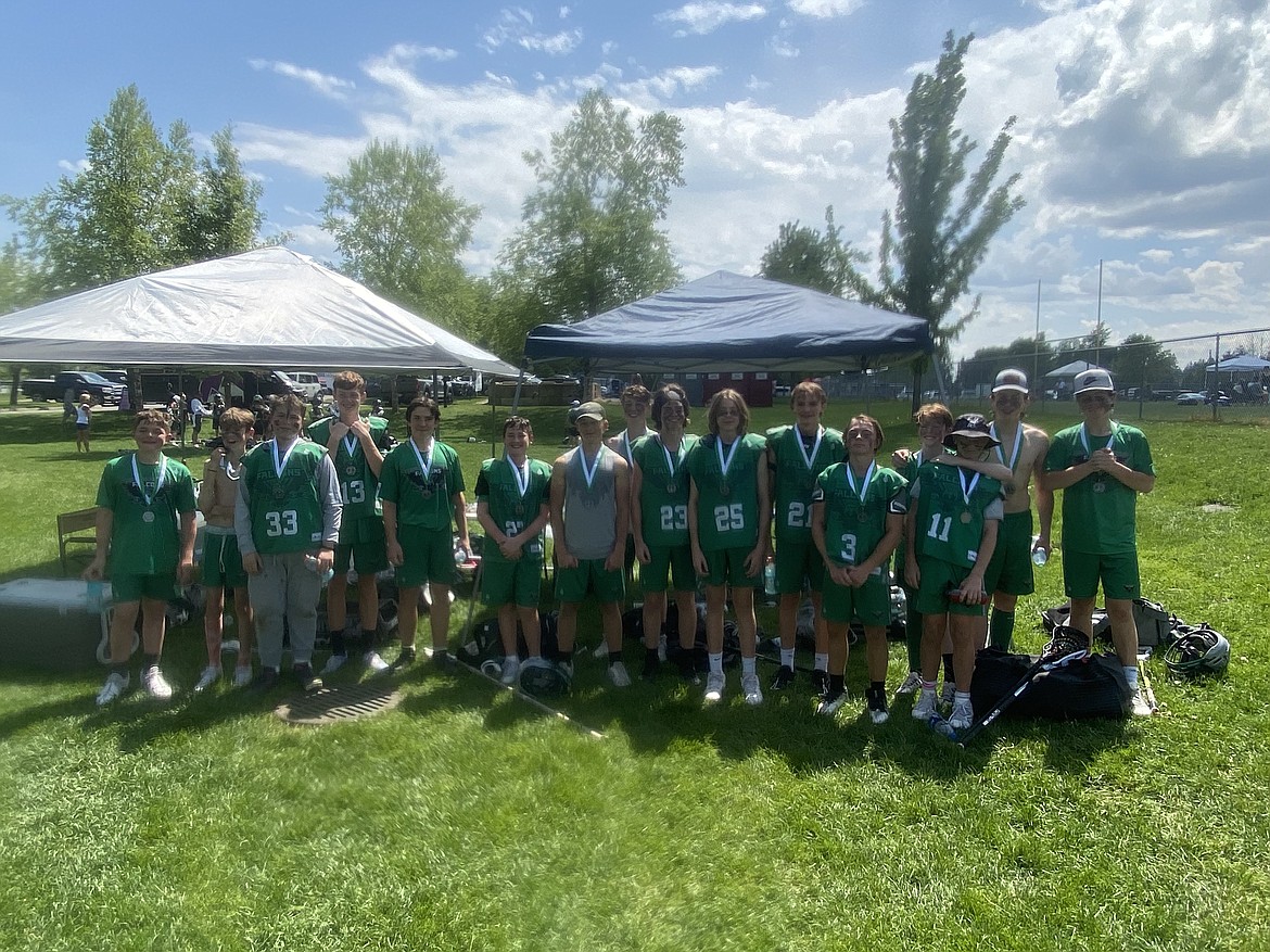 Courtesy photo
The grade 7/8 Falcons Green team won the silver bracket championship at the Coeur d'Alene Lacrosse Championship last weekend at Canfield Sports Complex in Coeur d'Alene. From left are Tate Knudsen, Seth Gerrick, Mason Hector, Kelley Poole, Cooper Sandford, Liam Alderman, Oliver Strait, Jack Hector, Rhett Snyder, Brody Wickham, Sam Smith, Gavin Lucas, Griffin McMeekan, Caden Ramey, Breckin Jolley and Fisher DePriest. Not pictured are Dave McMeekan (head coach) and Nate Alderman (assistant coach).