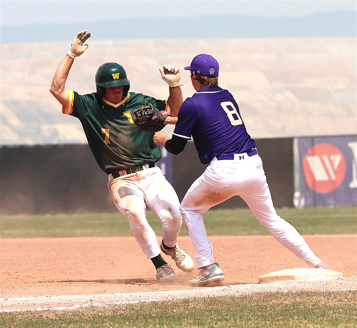 Pirate Jarrett Wilson nails another out against Whitefish during Saturday's championship game in Butte. (Niki Graham photo)