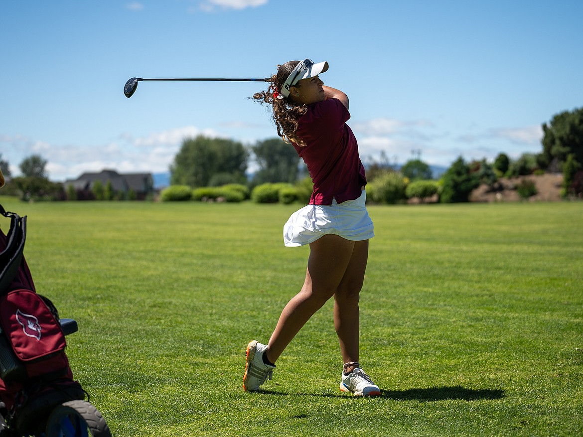 Courtesy NORTH IDAHO COLLEGE
Laila Jalil of North Idaho College tees off on the 18th hole Monday at the Northwest Athletic Conference women's golf championships at the Apple Tree Golf Course in Yakima, Wash. Jalil finished in a tie for second place.