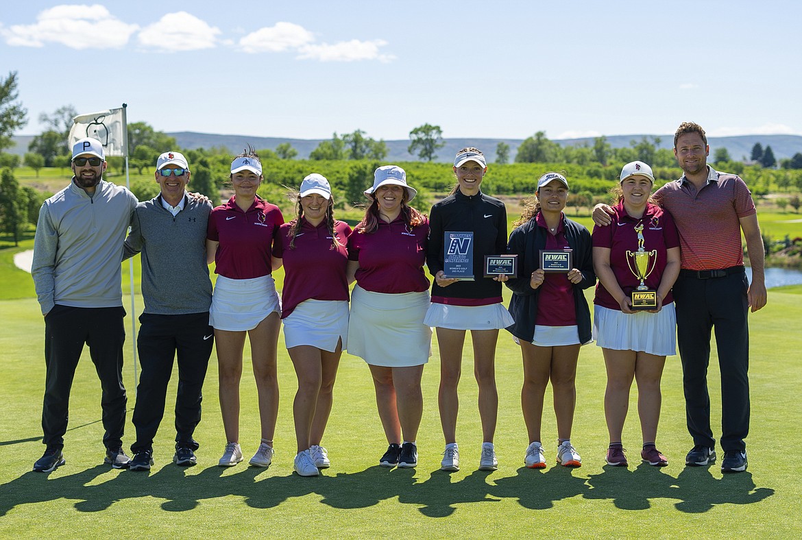 Courtesy NORTH IDAHO COLLEGE
The North Idaho College women's golf team finished second at the Northwest Athletic Conference championships Monday in Yakima, Wash. From left are NIC wrestling coach Derrick Booth, NIC trainer Randy Boswell, Lauryn Bulger, Marissa McCallum, Cassandra Lee, Navy Wood, Laila Jalil, Sofia Lippiello and NIC head coach Russell Grove.