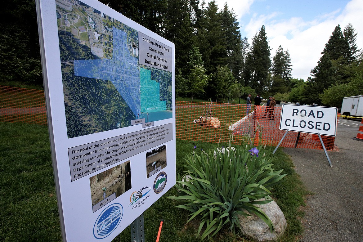 A poster board near the east Tubbs Hill entrace outlines the Sanders Beach Area Stormwater Outfall Volume Reduction Project.