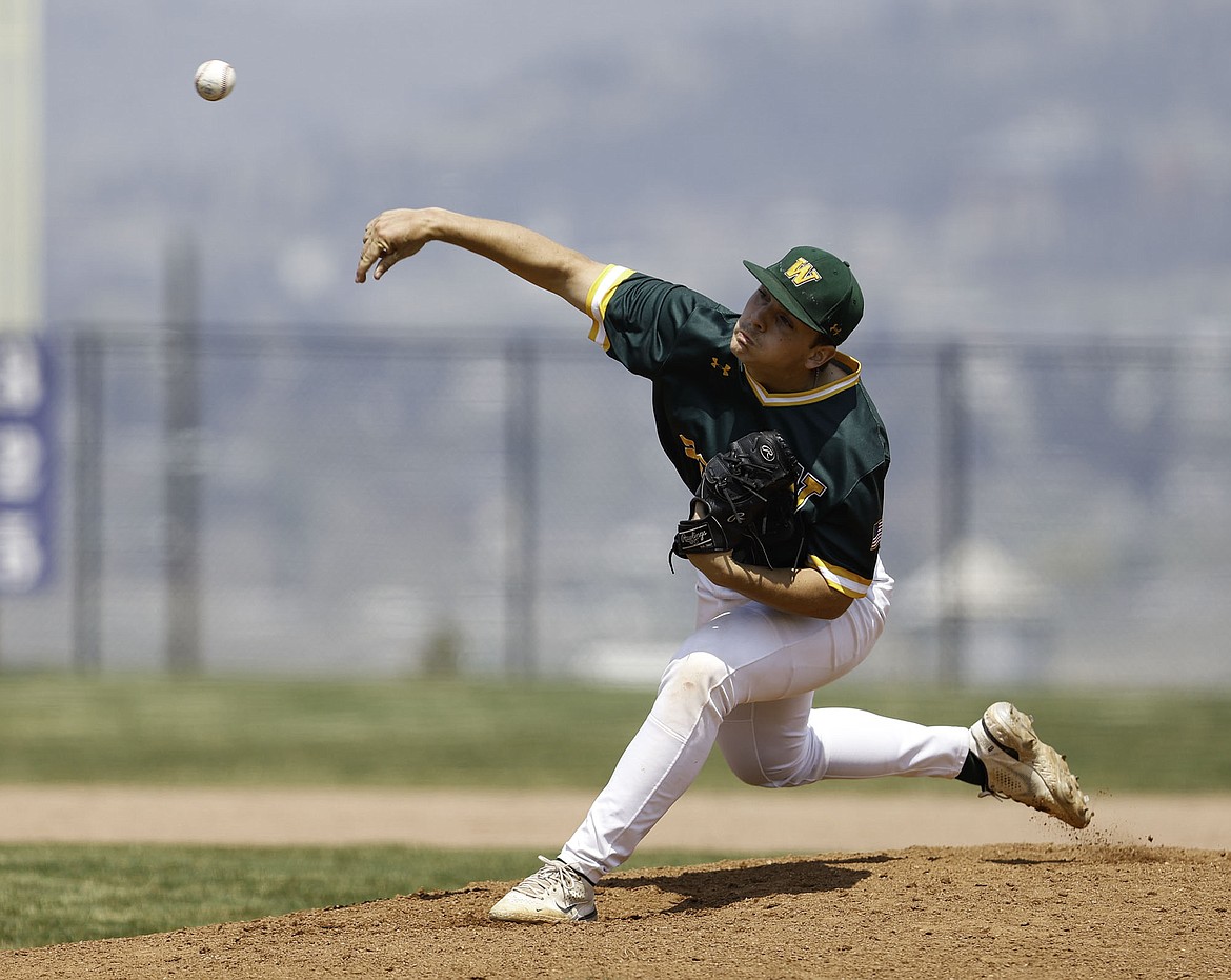 Whitefish senior Ty Schwaiger pitches against Hamilton in the MHSA All Class State Baseball Tournament Friday in Butte. (Photo by Gary Marshall for 406mtsports.com)